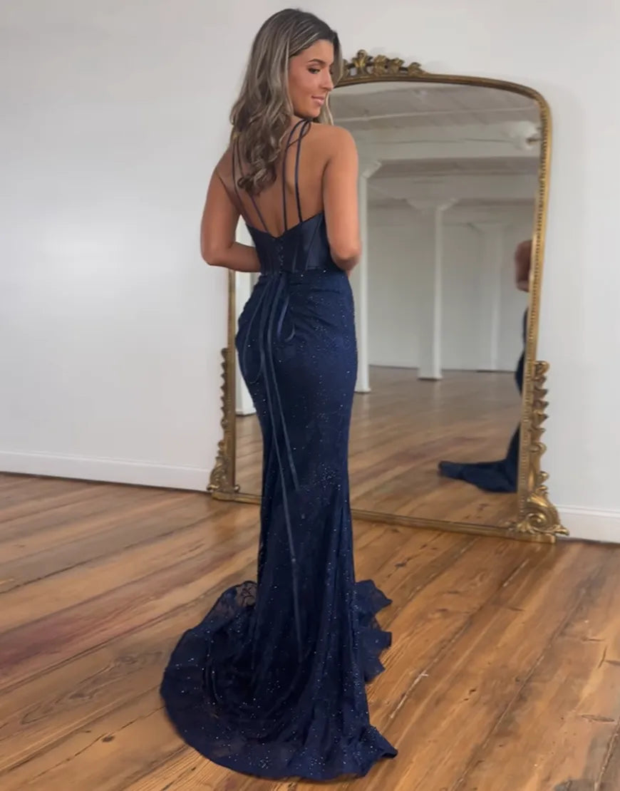 Wholesale Glitter Navy Mermaid V-Neck Long Corset Prom Dress With Split prom dresses with long sleeves
